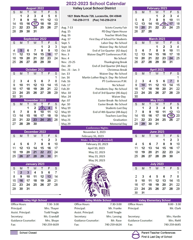 Valley Local Schools District Calendar for the 2022-2023 School Year
